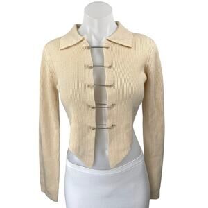 NEW Rehab Lab Beige Ribbed Knit Long Sleeve Pin Collar Cardigan Crop Top Size S